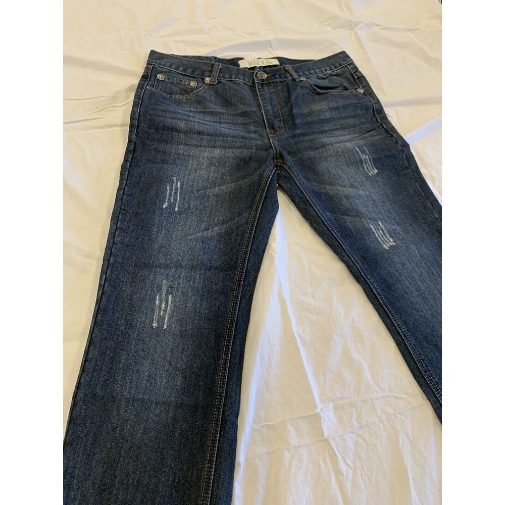 Blue Rag Mens Size 34x30‎ DESIGNER Distressed Jeans Pocket Stitching & Rivets - Picture 3 of 9